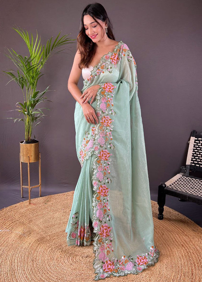 Pista Green Spun Silk Saree With Blouse Piece