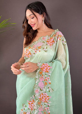 Pista Green Spun Silk Saree With Blouse Piece