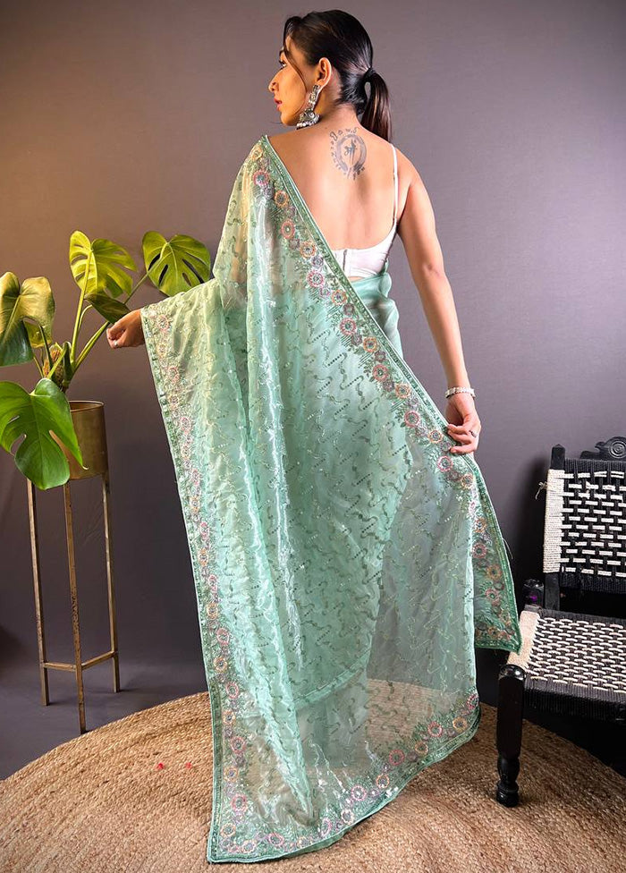 Mint Green Net Saree With Blouse Piece