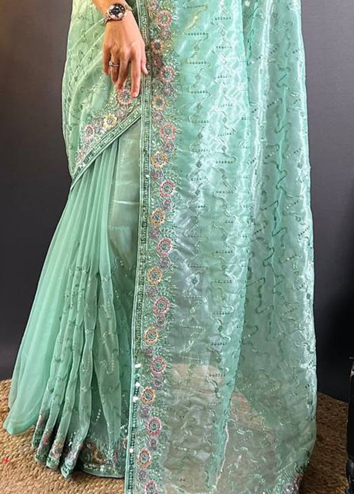 Mint Green Net Saree With Blouse Piece