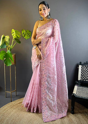 Pink Net Saree With Blouse Piece