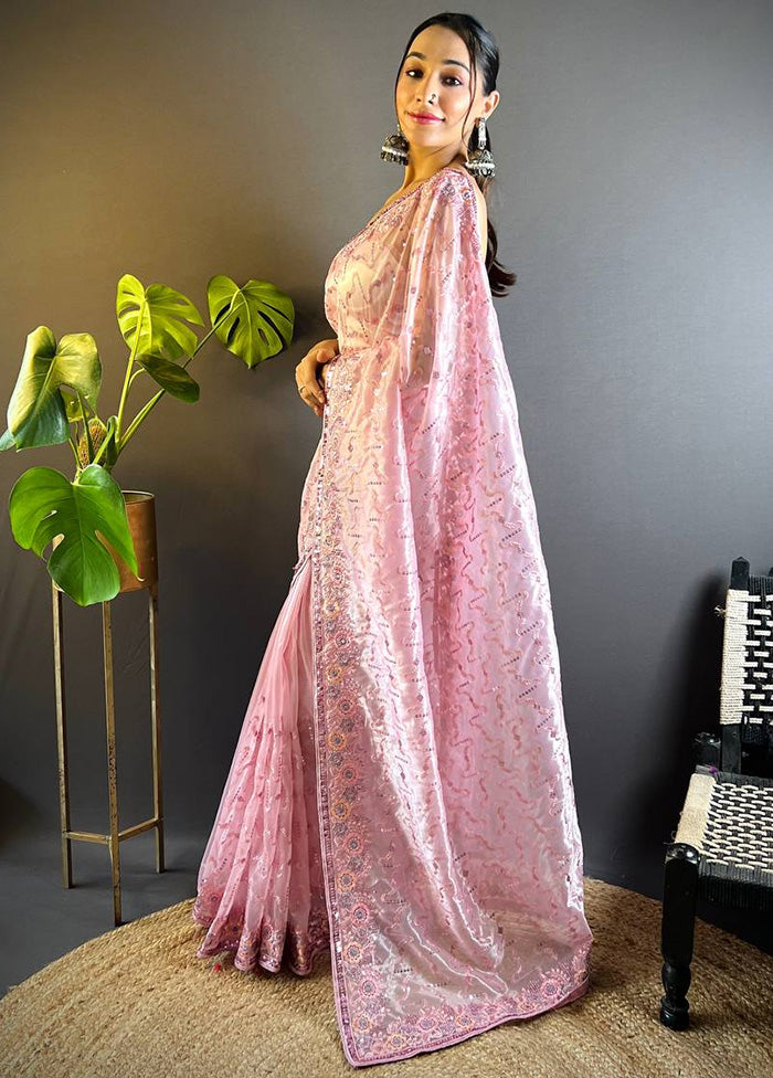 Pink Net Saree With Blouse Piece