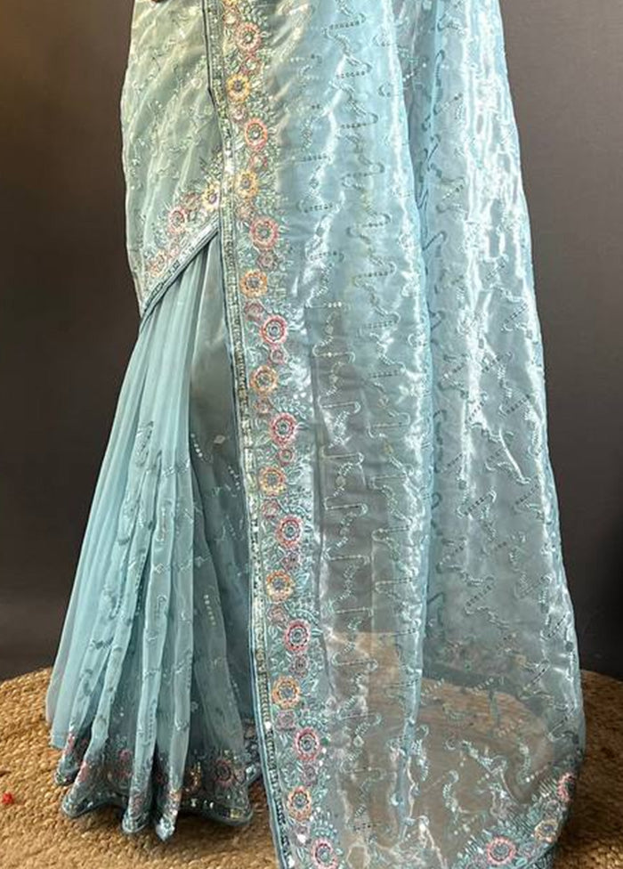 Sky Blue Net Saree With Blouse Piece