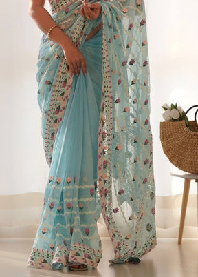 Sky Blue Organza Saree With Blouse Piece