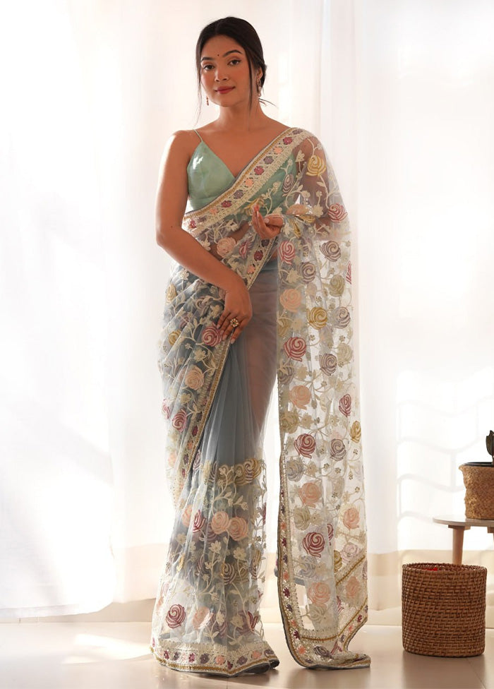 Sky Blue Net Saree With Blouse Piece