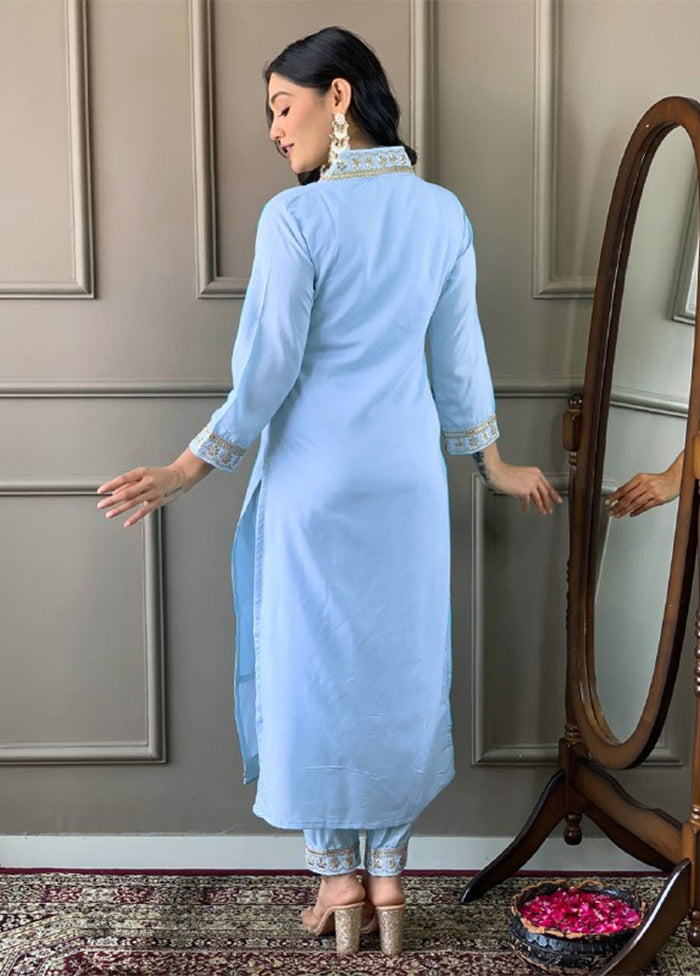 3 Pc Sky Blue Readymade Viscose Suit Set