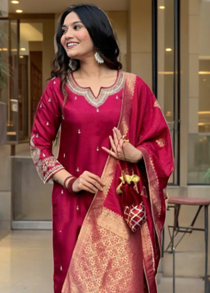 3 Pc Maroon Readymade Silk Suit Set