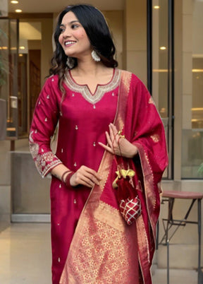 3 Pc Maroon Readymade Silk Suit Set