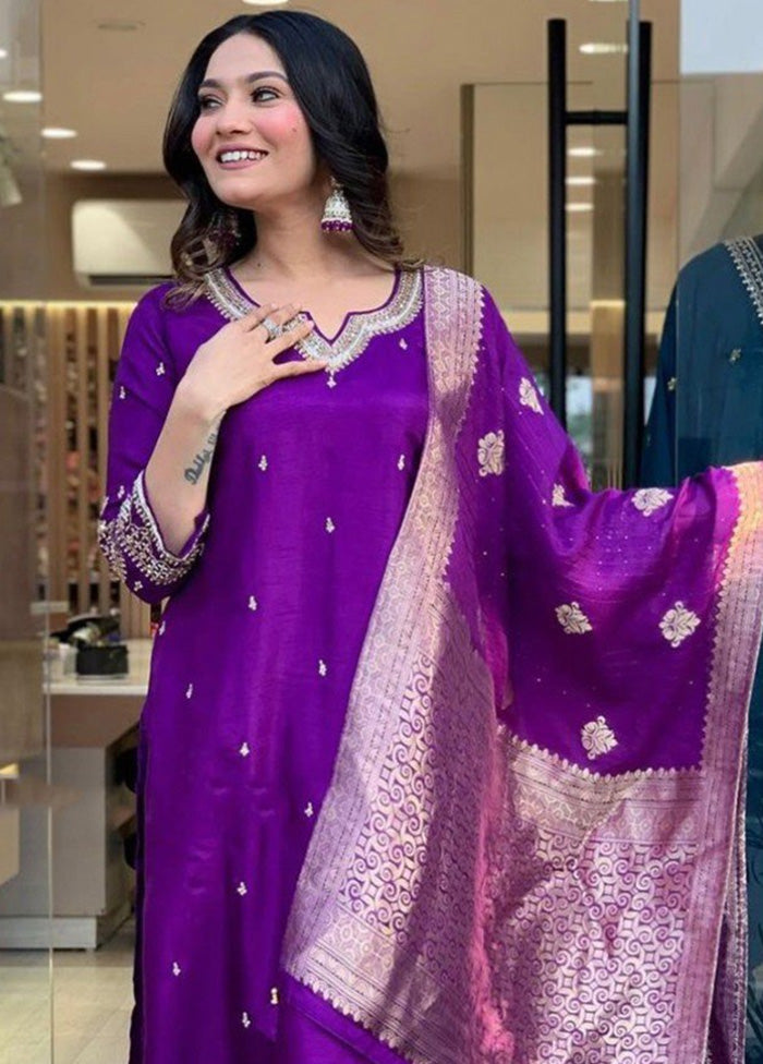 3 Pc Purple Readymade Silk Suit Set