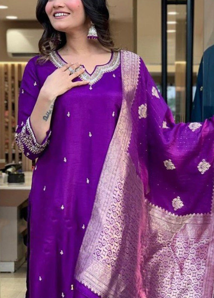 3 Pc Purple Readymade Silk Suit Set