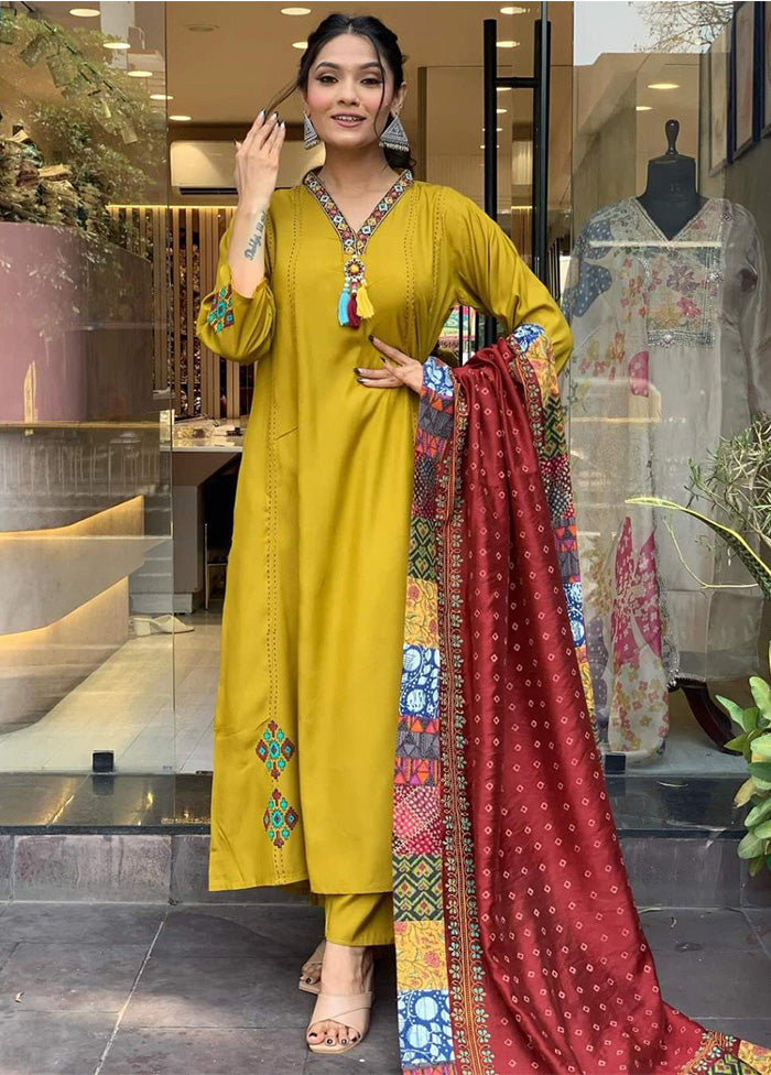 3 Pc Mustard Readymade Viscose Suit Set