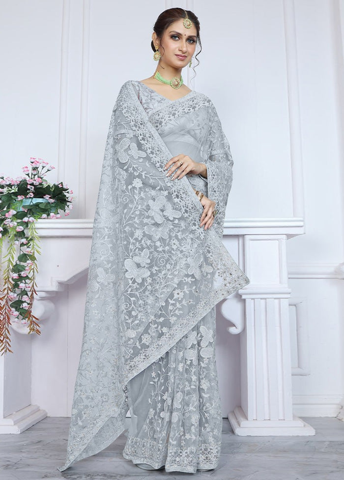 Grey Net Saree With Blouse Piece