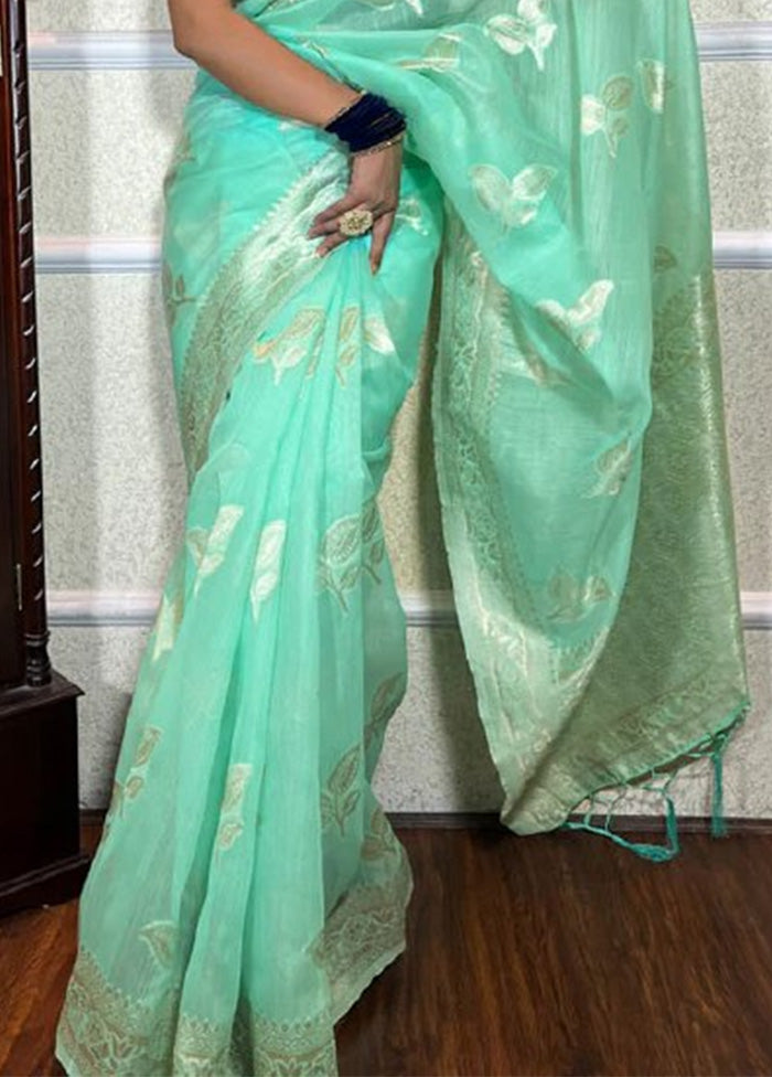 Mint Green Spun Silk Saree With Blouse Piece