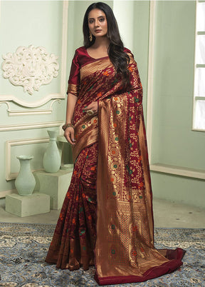 Maroon Banarasi Silk Saree With Blouse Piece