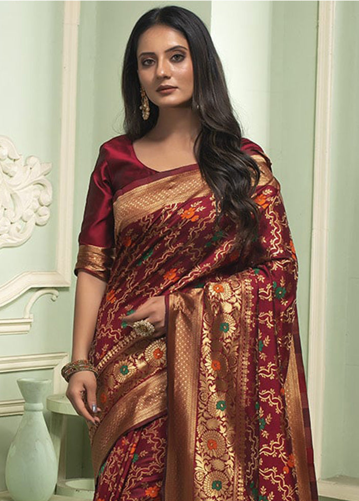 Maroon Banarasi Silk Saree With Blouse Piece