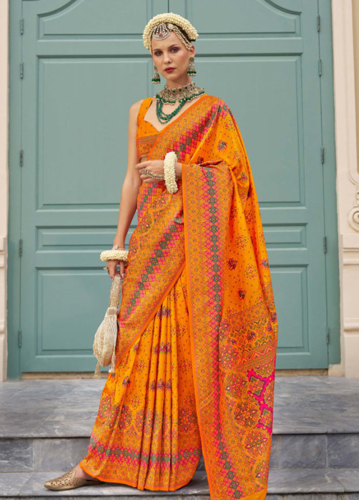 Orange Banarasi Silk Saree With Blouse Piece