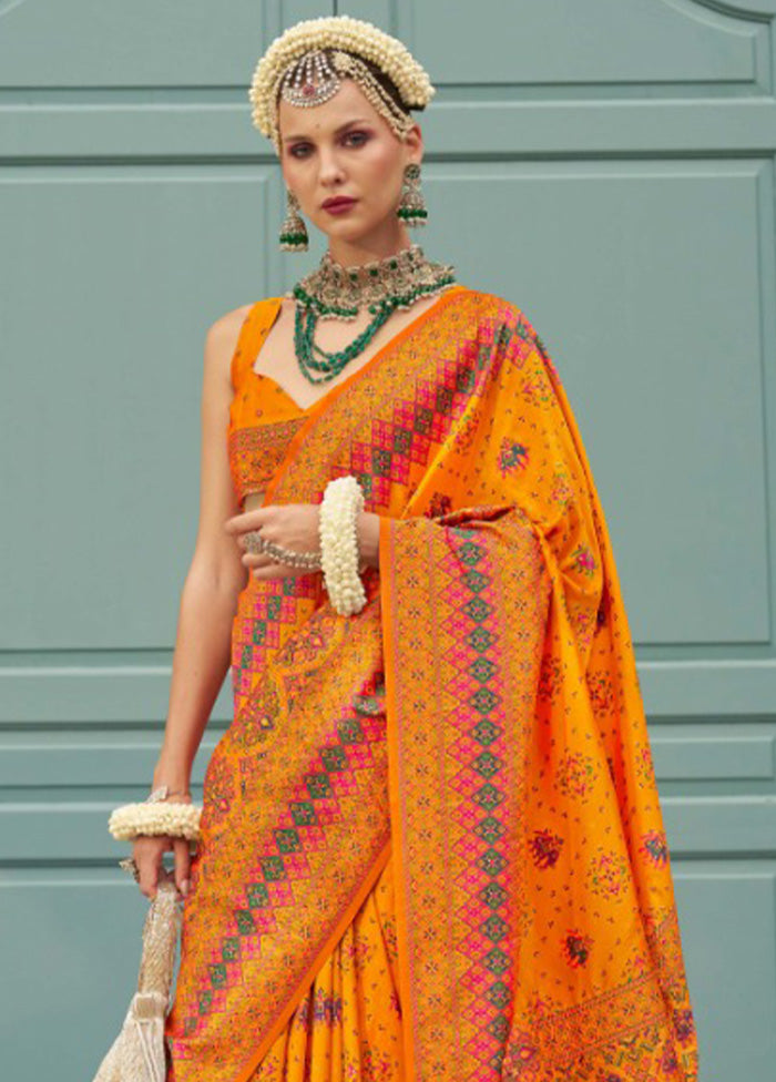 Orange Banarasi Silk Saree With Blouse Piece