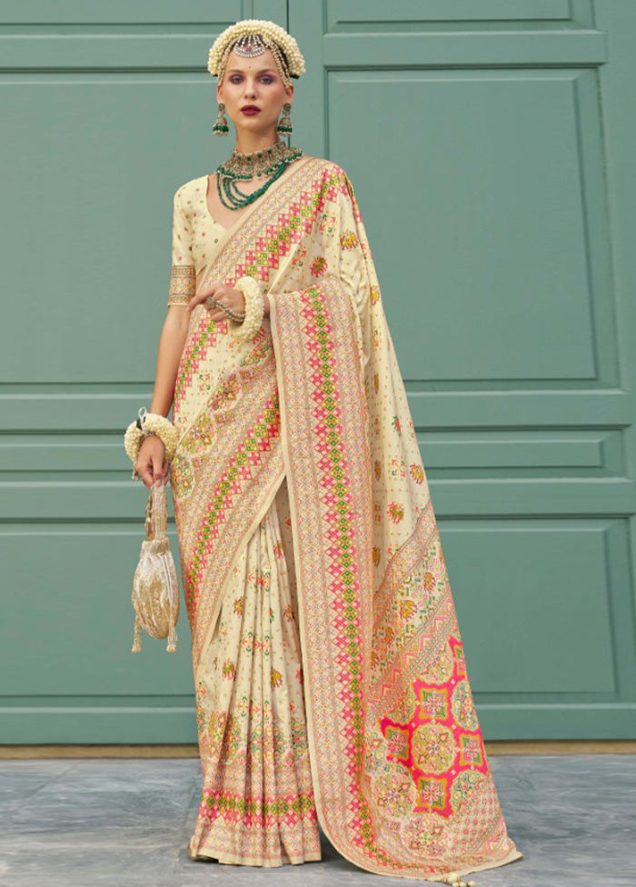 Cream Banarasi Silk Saree With Blouse Piece