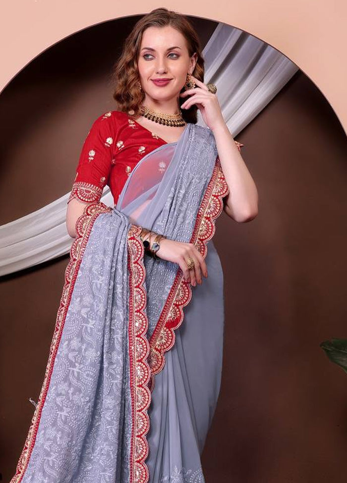 Grey Georgette Saree With Blouse Piece