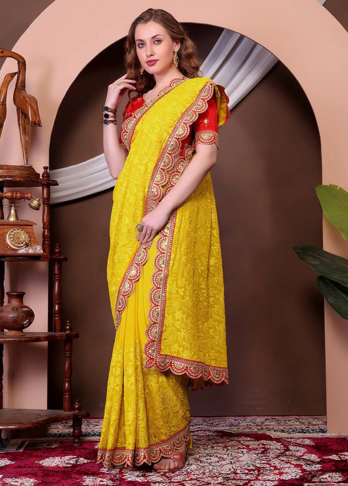 Yellow Georgette Saree With Blouse Piece