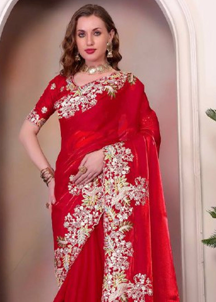 Red Spun Silk Saree With Blouse Piece