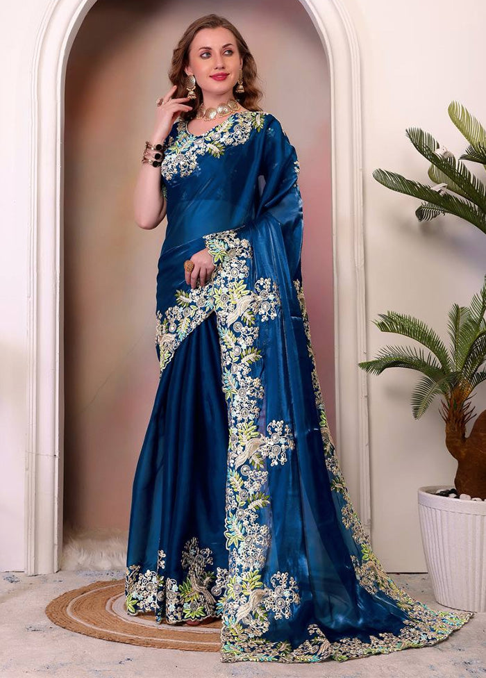 Teal Spun Silk Saree With Blouse Piece