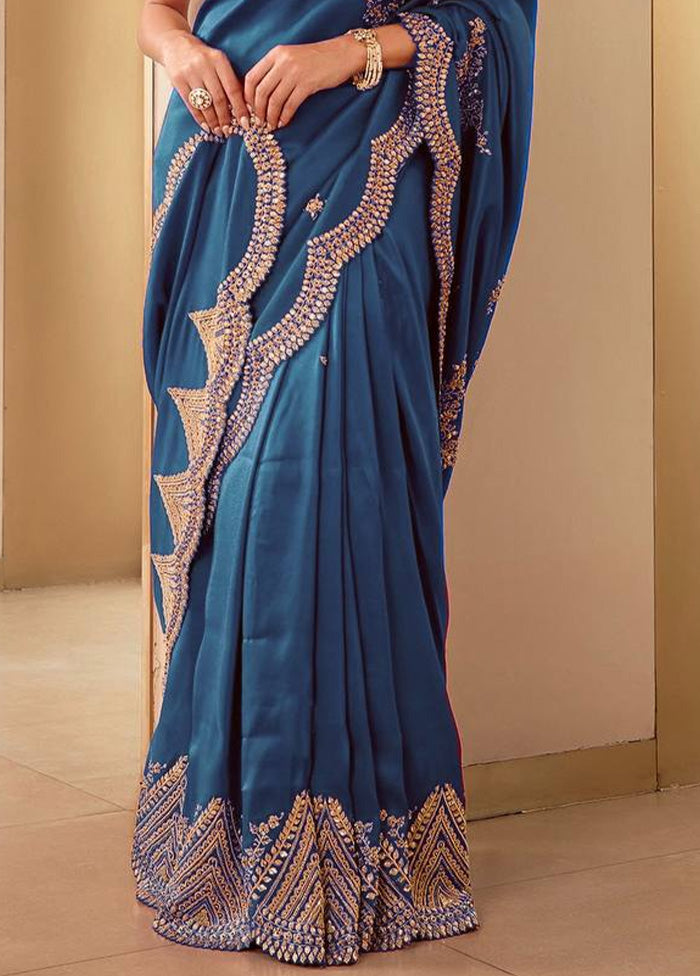 Teal Spun Silk Saree With Blouse Piece