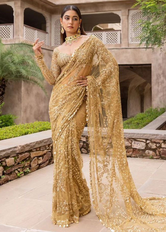 Golden Net Saree With Blouse Piece