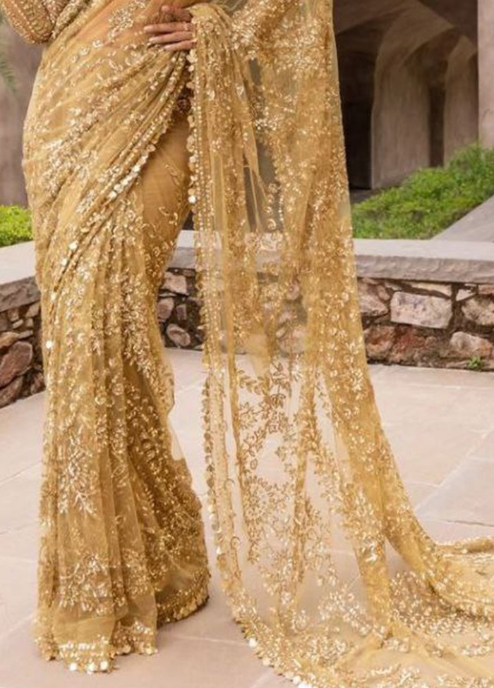 Golden Net Saree With Blouse Piece