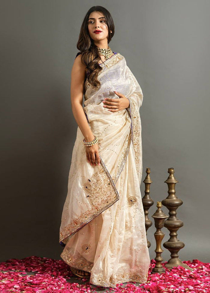 Cream Spun Silk Saree With Blouse Piece