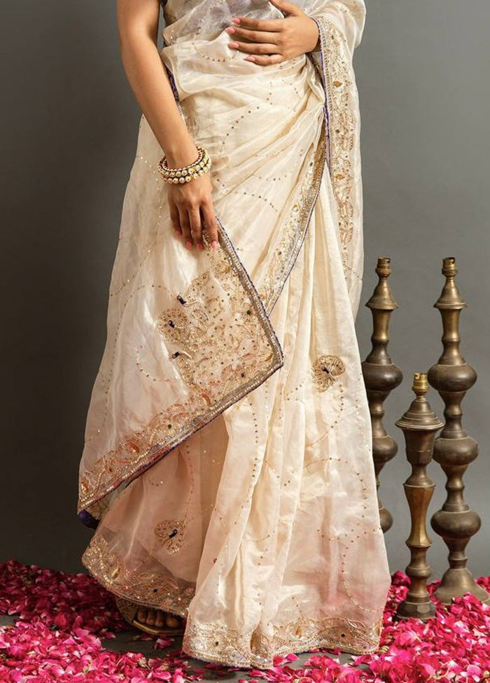 Cream Spun Silk Saree With Blouse Piece