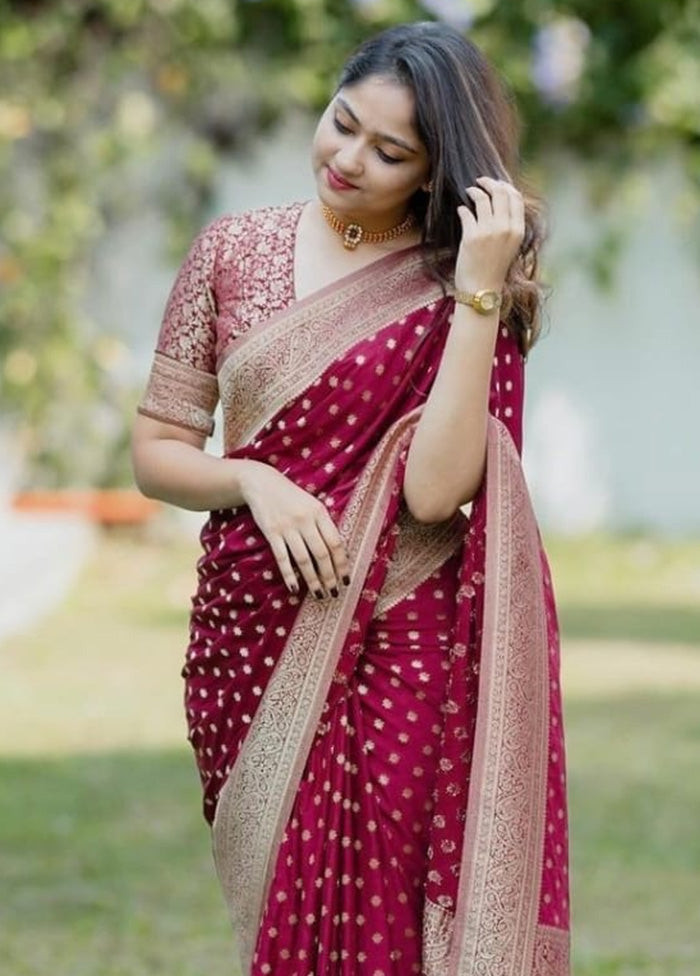 Maroon Banarasi Silk Saree With Blouse Piece