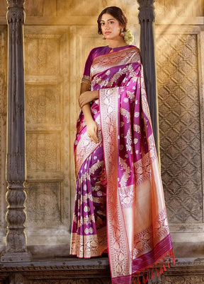 Wine Banarasi Silk Saree With Blouse Piece