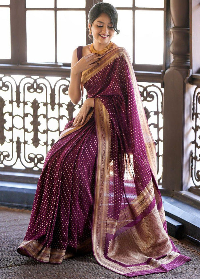 Wine Banarasi Silk Saree With Blouse Piece