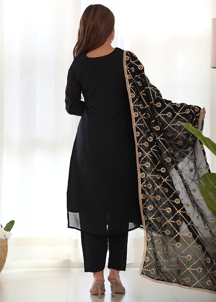 3 Pc Black Pure Readymade Silk Suit Set