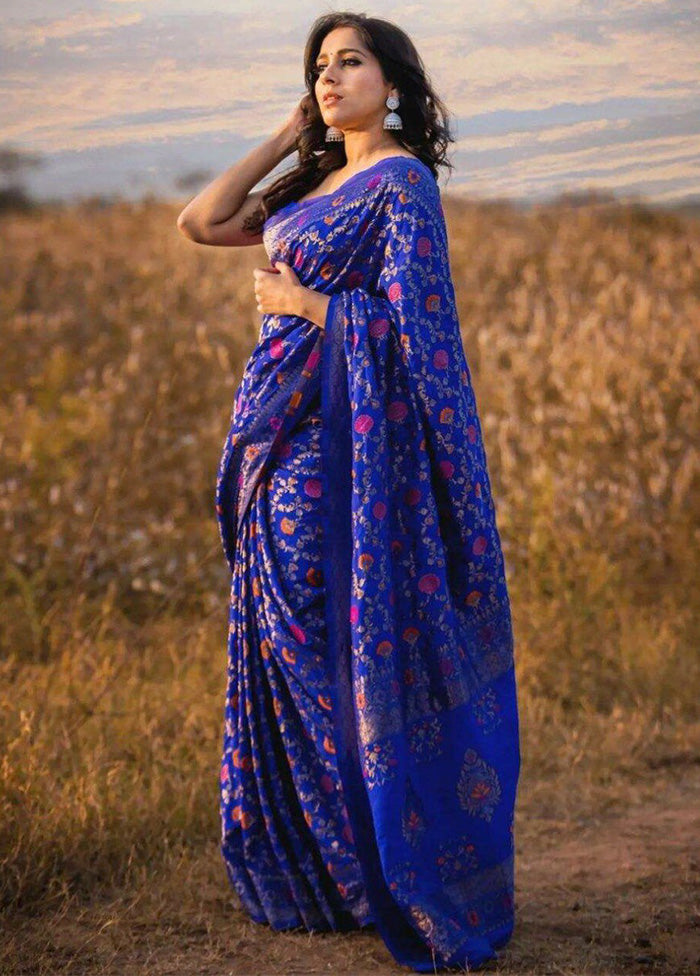 Blue Banarasi Silk Saree With Blouse Piece