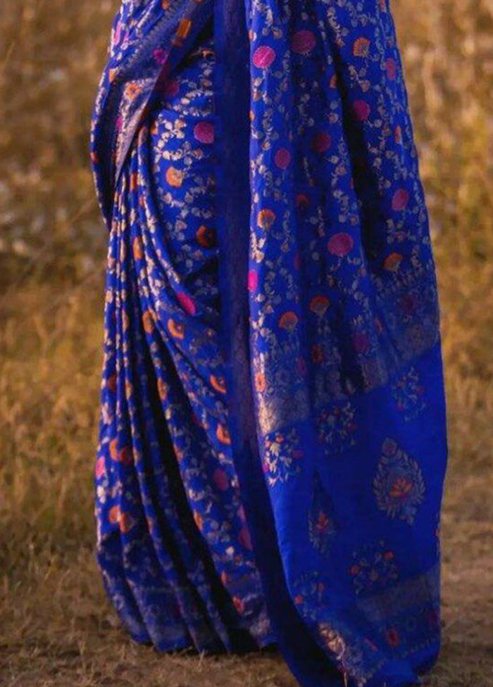 Blue Banarasi Silk Saree With Blouse Piece