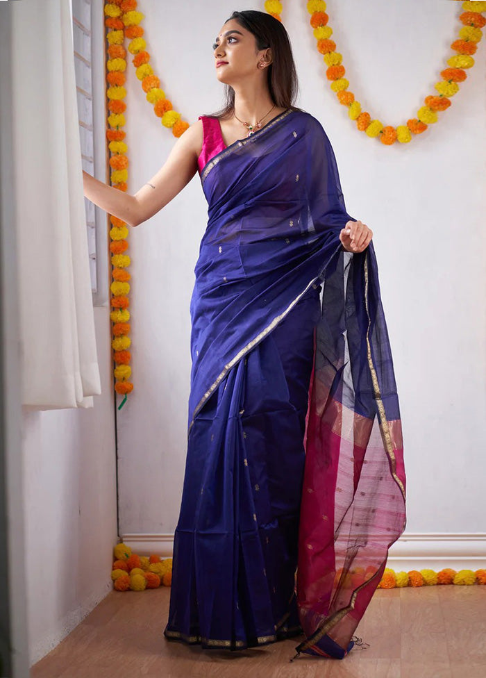 Navy Blue Banarasi Silk Saree With Blouse Piece