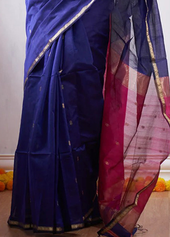 Navy Blue Banarasi Silk Saree With Blouse Piece