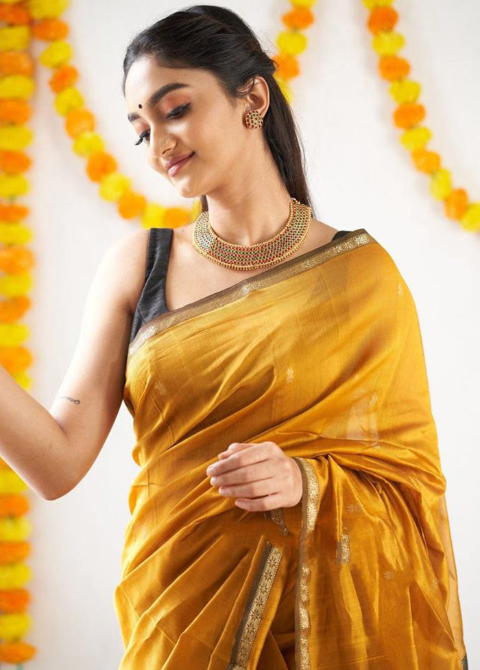 Yellow Banarasi Silk Saree With Blouse Piece