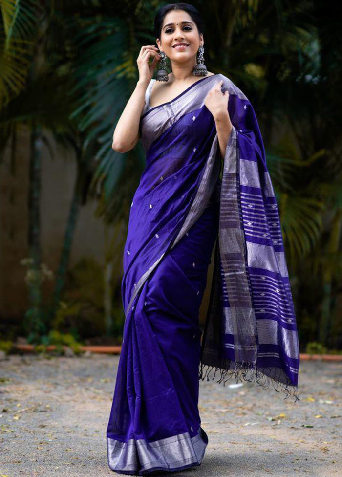 Navy Blue Banarasi Silk Saree With Blouse Piece