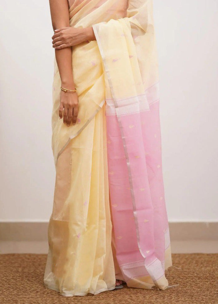 Cream Linen Silk Saree With Blouse Piece