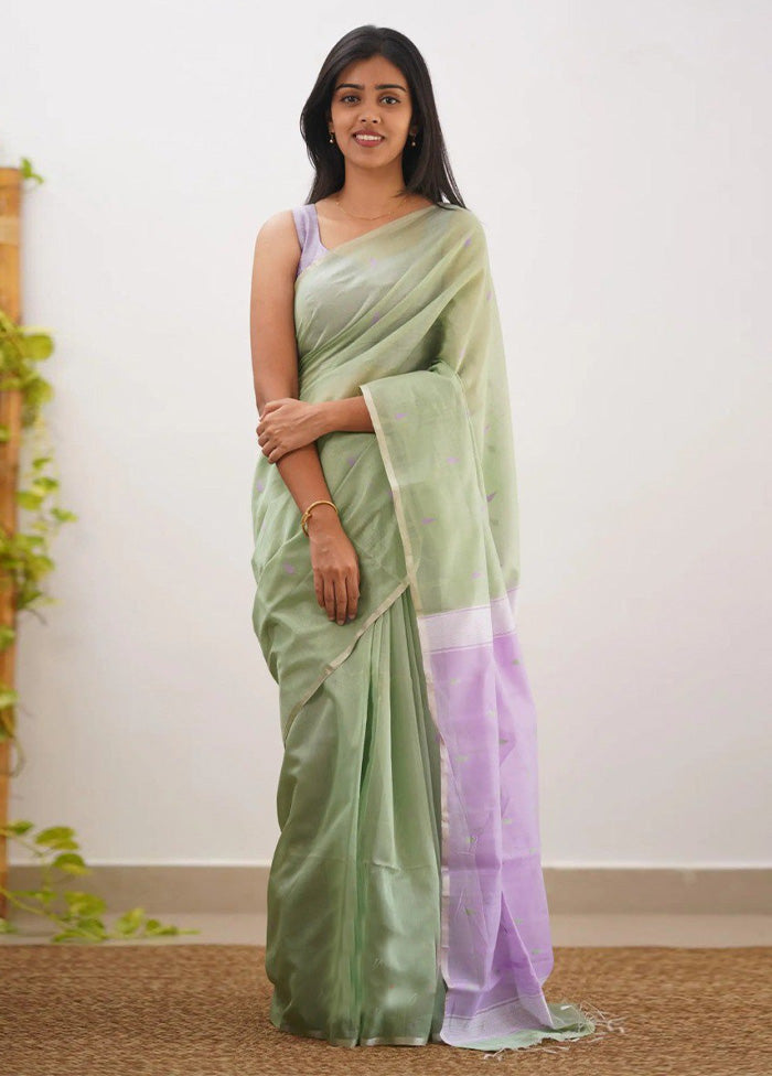 Pista Green Linen Silk Saree With Blouse Piece