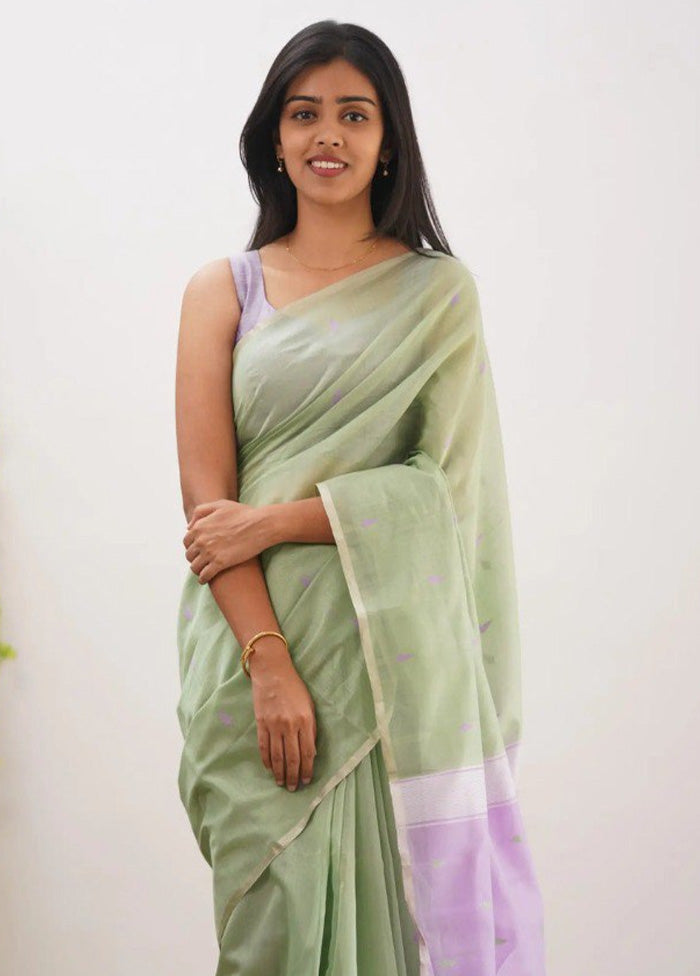 Pista Green Linen Silk Saree With Blouse Piece