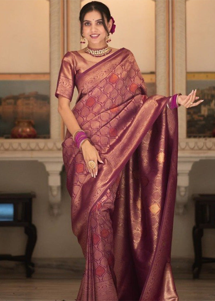 Wine Banarasi Silk Saree With Blouse Piece