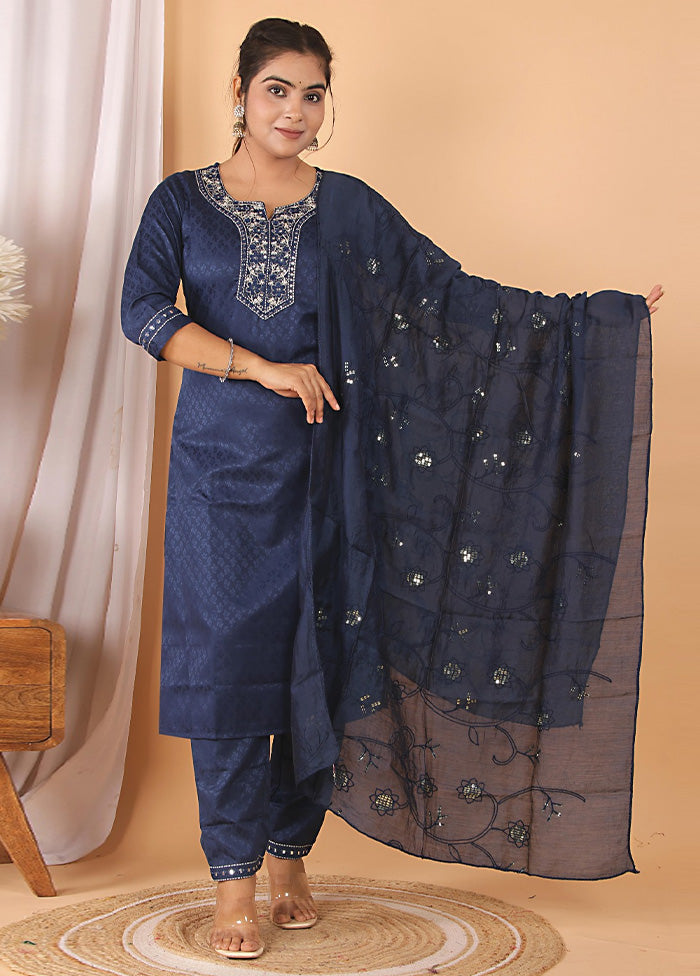 3 Pc Navy Blue Readymade Rayon Suit Set