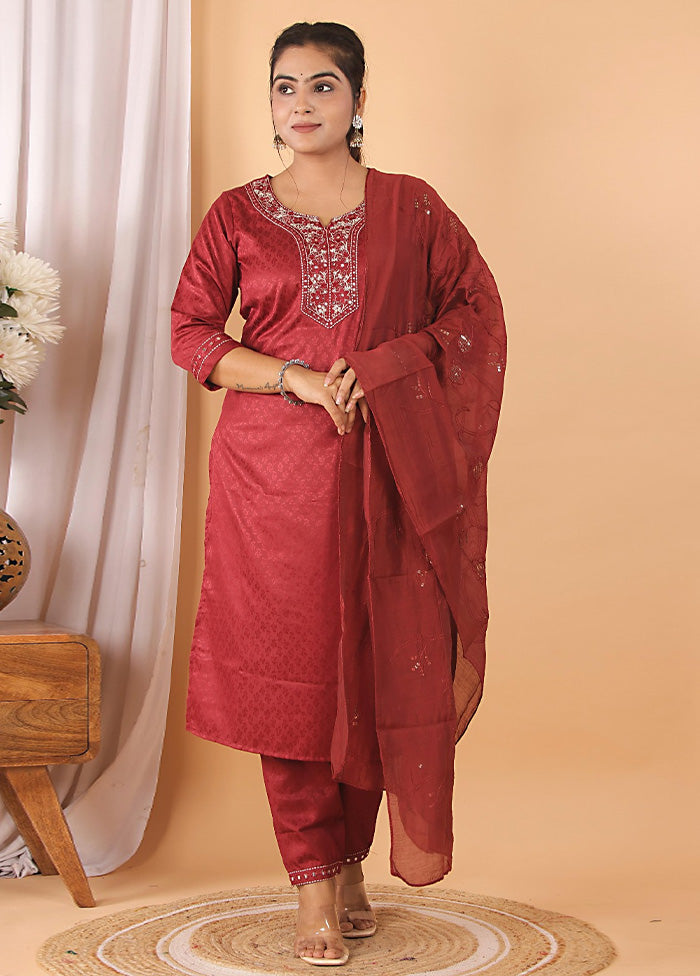 3 Pc Maroon Readymade Rayon Suit Set