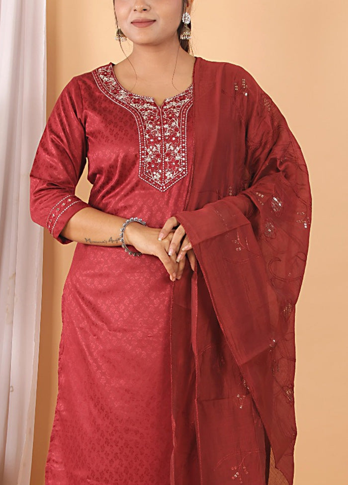 3 Pc Maroon Readymade Rayon Suit Set