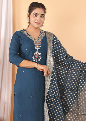 3 Pc Teal Readymade Silk Suit Set