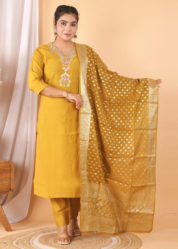 3 Pc Mustard Readymade Silk Suit Set